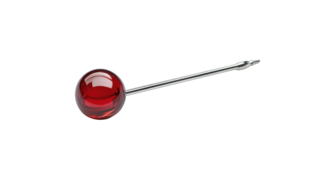 A vibrant red glass ball pin resting on a sleek silver pin, showcasing intricate craftsmanship and modern design elegance. White Transparent Background, PNG
