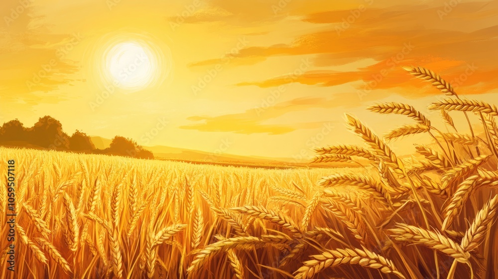 Aufkleber conceptual illustration depicting the solar term related to wheat harvest during autumn in a rural s