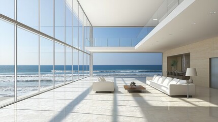 Obraz premium Modern living room with ocean view through floor-to-ceiling windows