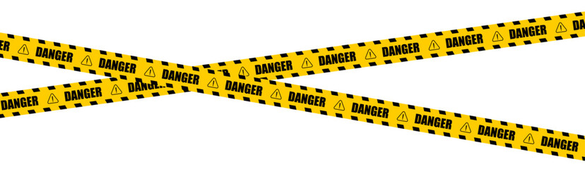 Yellow and black danger warning tape set: includes skull symbols for industrial safety, hazard areas, roads, and construction sites. Vector illustration on a transparent background.