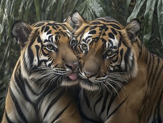 Obraz premium Two tigers nuzzle noses in a lush green jungle