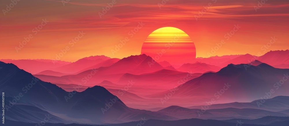 Poster red sun setting over the horizon with mountains in the foreground