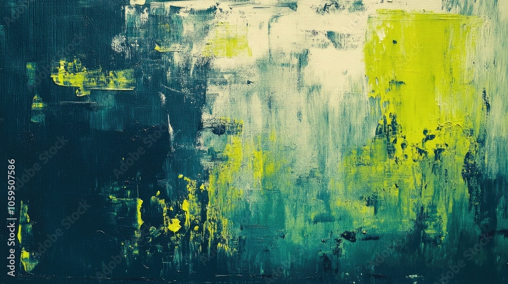 Poster abstract oil painting on canvas featuring paint spots and strokes in a range of green tones crafted 