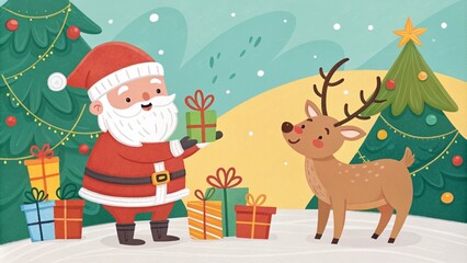 Fototapeta premium santa claus and reindeer with christmas gifts