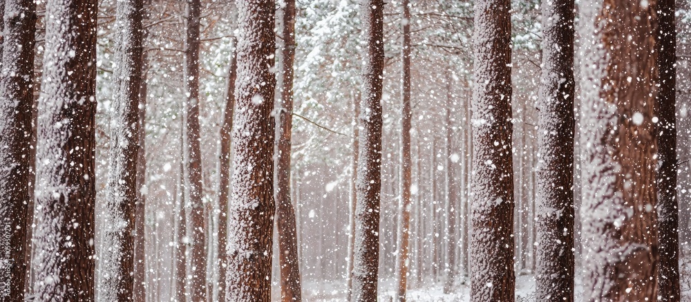 Poster a closeup shot of trees in the forest covered in snow in winter