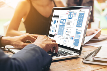 UX UI design process for modish mobile application and website . Creative prototype of wireframe...