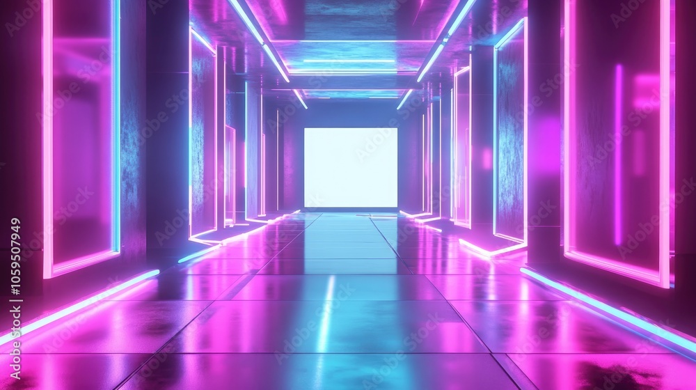 Aufkleber 3D rendering of an abstract neon backdrop featuring a blank frame virtual reality display ultraviolet hues laser effects a fashion runway and reflective flooring
