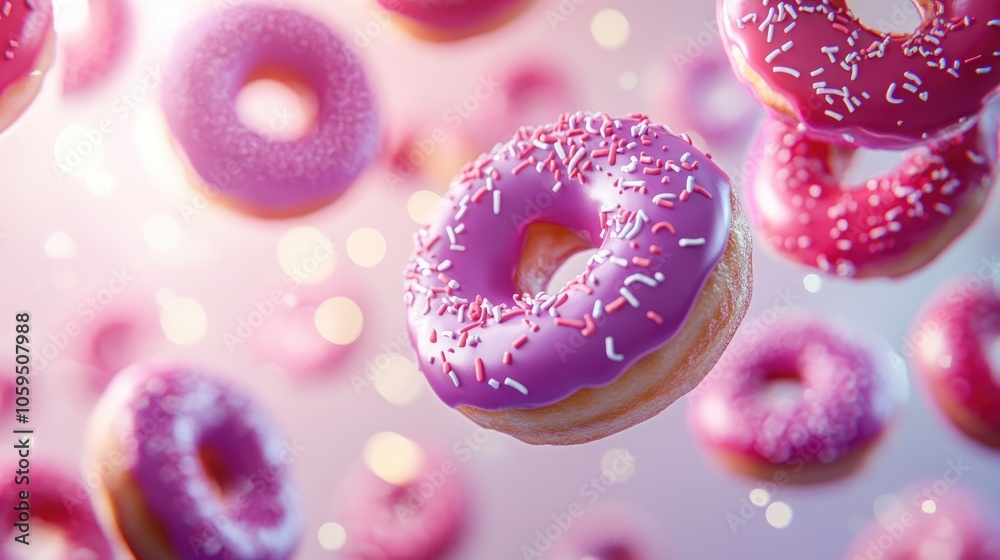 Poster Vibrant pink and purple donuts joyfully float against a simple background with soft bokeh light spots