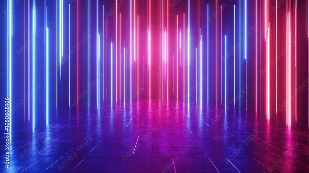Poster 3D rendering of an abstract background featuring ultraviolet spectrum red and blue neon lights vertical glowing lines and a laser show with an equalizer effect creating an optical illusion in a vi