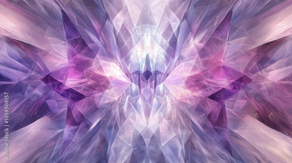 Poster a symmetrical abstract composition featuring crystal like shapes in hues of purple evoking a sense o