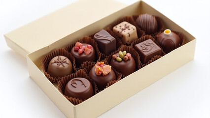 Chocolate pralines in various shapes and colors lie in a box on a white background.