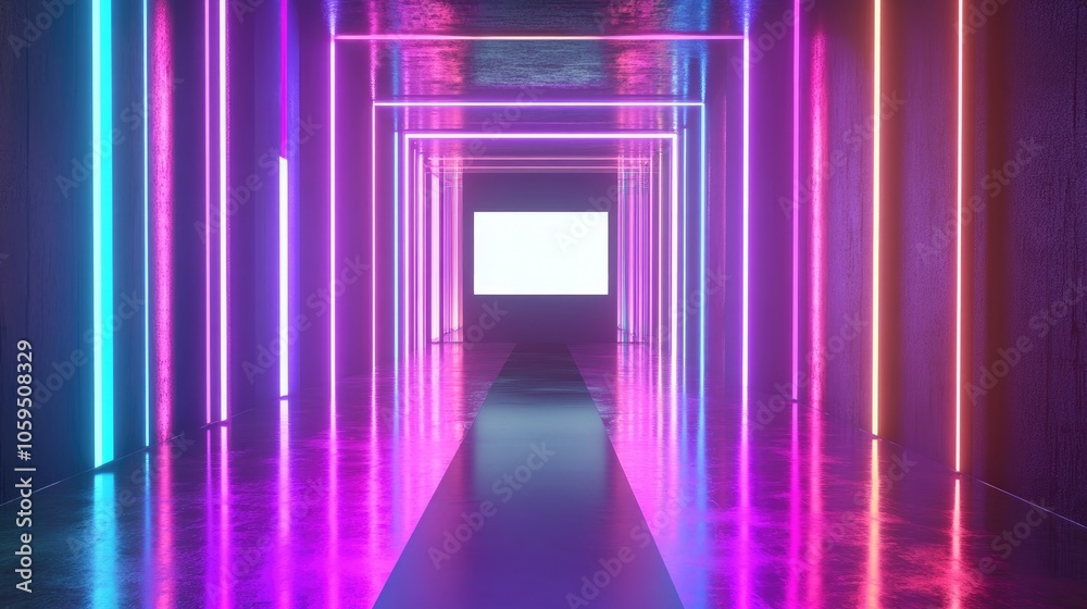Aufkleber 3D rendering of an abstract neon backdrop featuring a blank frame virtual reality display ultraviolet hues laser effects a fashion runway and reflective flooring