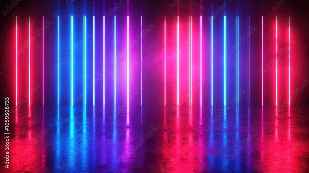 Aufkleber 3D rendering of an abstract background featuring ultraviolet spectrum red and blue neon lights vertical glowing lines and a laser show with an equalizer effect creating an optical illusion in a vi
