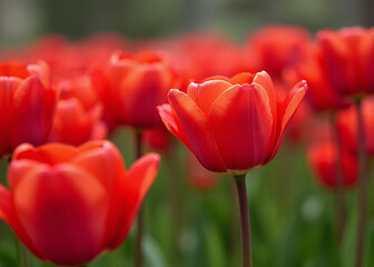 Colorful red tulips adorn a beautiful landscape with intricate details.