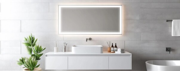 Fototapeta premium Modern vanity with frameless mirror, sleek bathroom setup