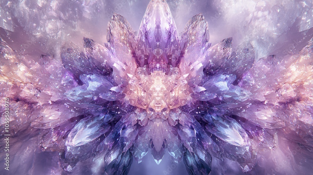 Poster a symmetrical abstract composition featuring crystal like shapes in hues of purple evoking a sense o