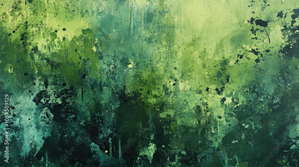 Poster abstract oil painting on canvas featuring paint spots and strokes in a range of green tones crafted 