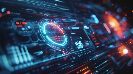 Fototapeta premium Futuristic dashboard interface with data visualizations and performance indicators, showing advanced tech capabilities in a digital environment