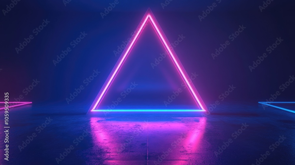 Aufkleber 3D render of a blue and pink neon triangular frame featuring triangle shapes and empty space illuminated by ultraviolet light in a retro 80s fashion show abstract background