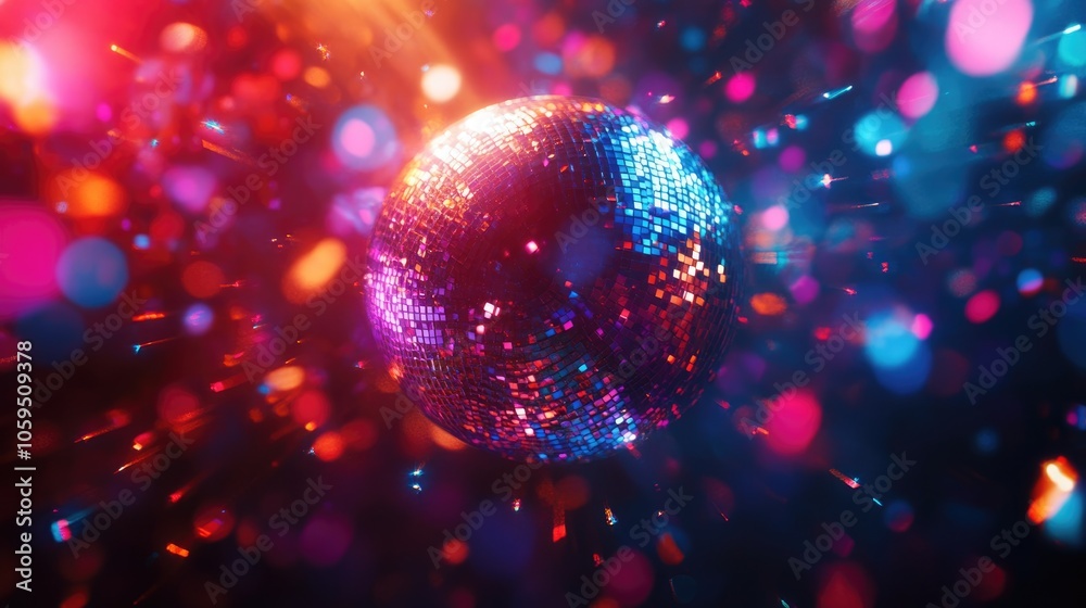 Poster colorful disco lights reflect off a spherical disco ball creating an abstract wallpaper background s