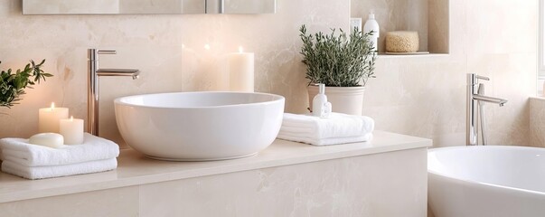 Fototapeta premium Spa-inspired bathroom with brushed nickel fixtures, natural stone, serene lighting