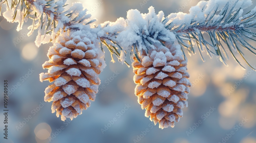 Aufkleber Two pine cones covered in fresh snow dangle from a frosted branch, creating a serene winter atmosphere in a quiet forest environment.
