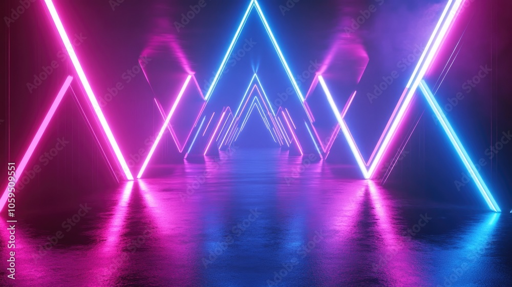 Aufkleber 3D render of a blue and pink neon triangular frame featuring triangle shapes and empty space illuminated by ultraviolet light in a retro 80s fashion show abstract background