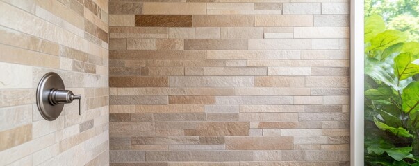 Stone-tiled shower with stainless steel fixtures, natural tones, spa-like feel