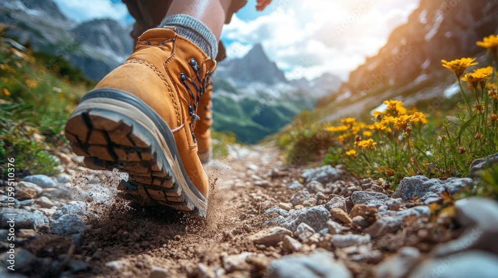 Poster a person walks on a rugged mountain path covered with rocks and flowers, enjoying the beautiful scen