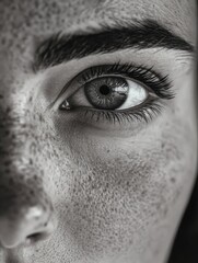 Naklejka premium Close-up of a person with striking eyes, highlighting freckles and eyeliner