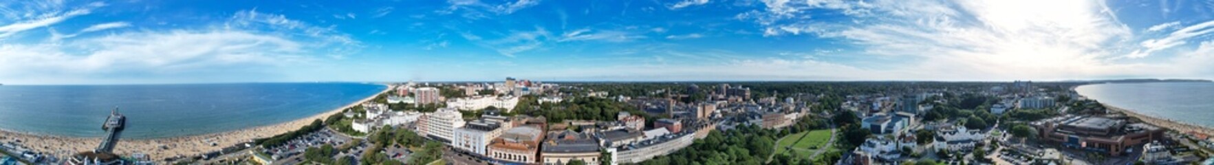 Obraz premium Aerial Panoramic View of Best British Tourist Attraction at Bournemouth City of England Great Britain UK. High Angle Footage was Captured with Drone's Camera from High Altitude on August 23rd, 2024