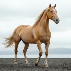 Obraz premium A brown horse is standing on a dirt field. The horse has a long mane and tail, and its legs are spread out. The horse appears to be running, and the sky is cloudy