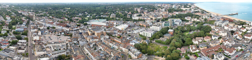 Fototapeta premium Aerial Panoramic View of Best British Tourist Attraction at Bournemouth City of England Great Britain UK. High Angle Footage was Captured with Drone's Camera from High Altitude on August 23rd, 2024
