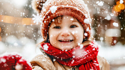 Joyful child in winter wonderland tossing snowflakes amidst twinkling holiday lights and snow