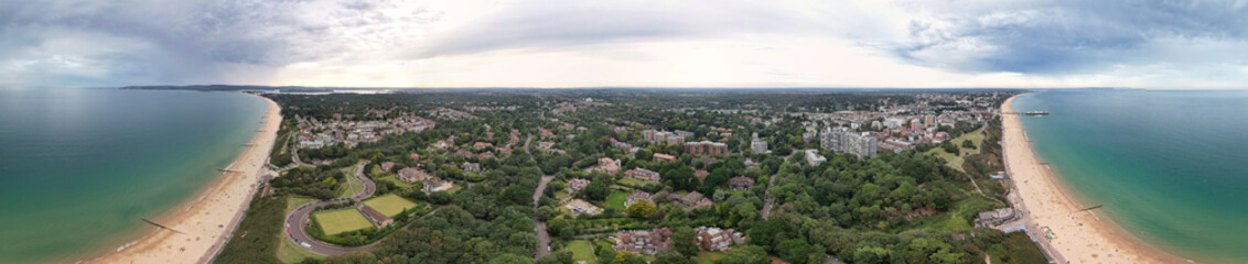 Fototapeta premium Aerial Panoramic View of Best British Tourist Attraction at Bournemouth City of England Great Britain UK. High Angle Footage was Captured with Drone's Camera from High Altitude on August 23rd, 2024