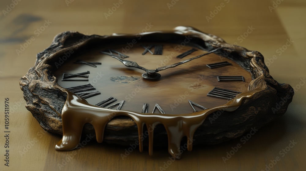 Aufkleber This artwork features a melting clock resting on a wooden surface, symbolizing the fluidity and passage of time in an imaginative way. Generative AI