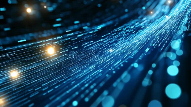A close-up view of a blue digital stream with glowing light particles, representing the flow of data in the digital world