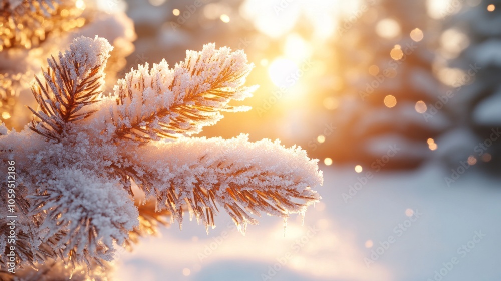 Aufkleber Sunlight filters through a snowy forest illuminating frosty pine branches covered in snow, creating a tranquil winter atmosphere. The scene captures the beauty of nature.