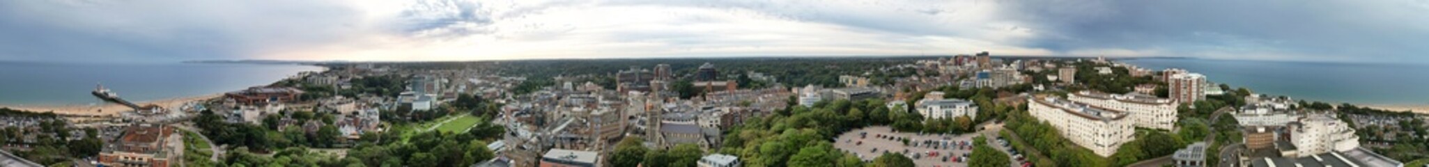 Obraz premium Aerial Panoramic View of Best British Tourist Attraction at Bournemouth City of England Great Britain UK. High Angle Footage was Captured with Drone's Camera from High Altitude on August 23rd, 2024