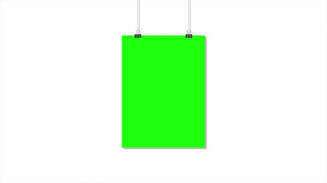 Paper hanging on clip animation. Poster mockup with green screen. Realistic empty banner. Seamless loop animation