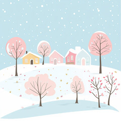 White snow, pink trees and houses. Pastel color winter card