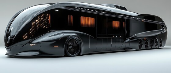 Fototapeta premium Futuristic black RV with large windows and sleek design.