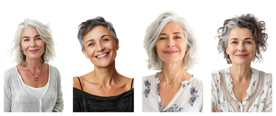 Fototapeta premium Portrait of middle-aged beautiful white woman with happy expression, isolated on transparent background, generative ai.