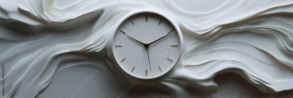Poster a clock with melting hands illustrates the surreal nature of time flowing over a smooth, white surfa