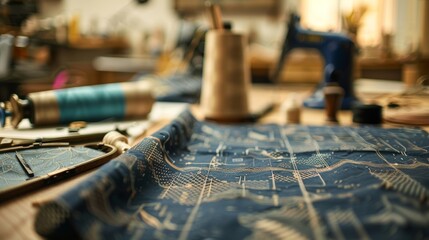 Fototapeta premium Fabric with a printed pattern lying on a table in a textile workshop, with spools of thread, an embroidery hoop, and a sewing machine in the background
