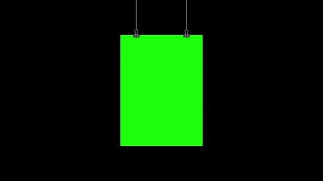 Paper hanging on clip animation. Poster mockup with green screen. Realistic empty banner. Seamless loop animation. Transparent background with alpha channel