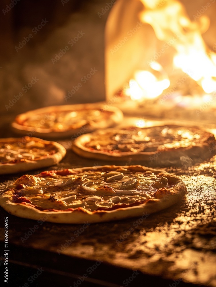 Aufkleber pizzas are cooking in a wood-fired oven, surrounded by vibrant flames, creating a tantalizing culina