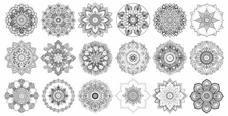 Decorative boho ornaments with a large set of round patterns. Geometric mandalas.