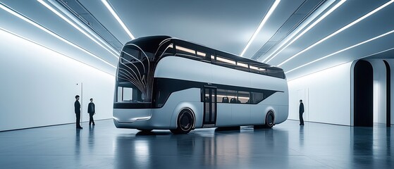 Futuristic double decker bus in a modern white and gray space.