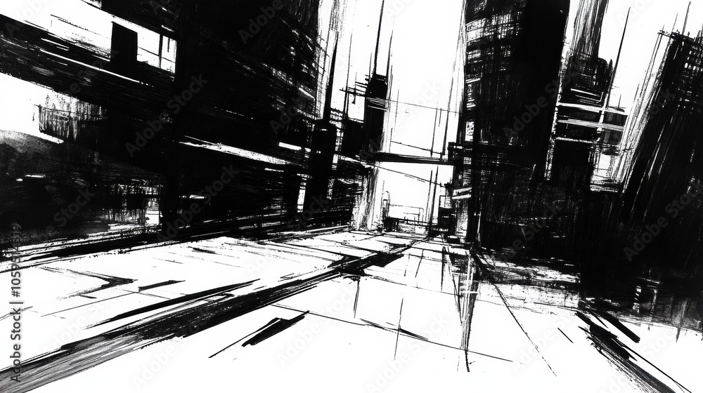 Fototapete a striking abstract interpretation of an urban landscape features bold black ink lines highlighting 